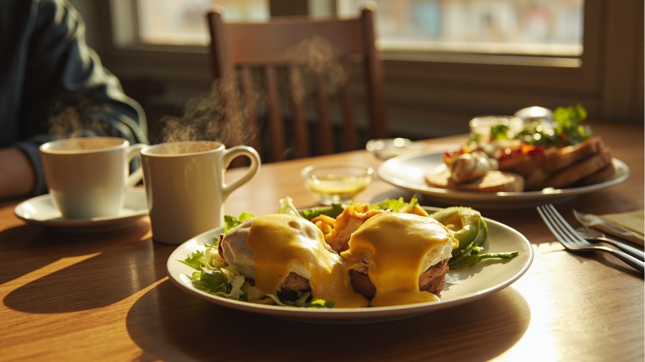 Casual brunch table with coffee and breakfast at The Coffee Club Browns Bay